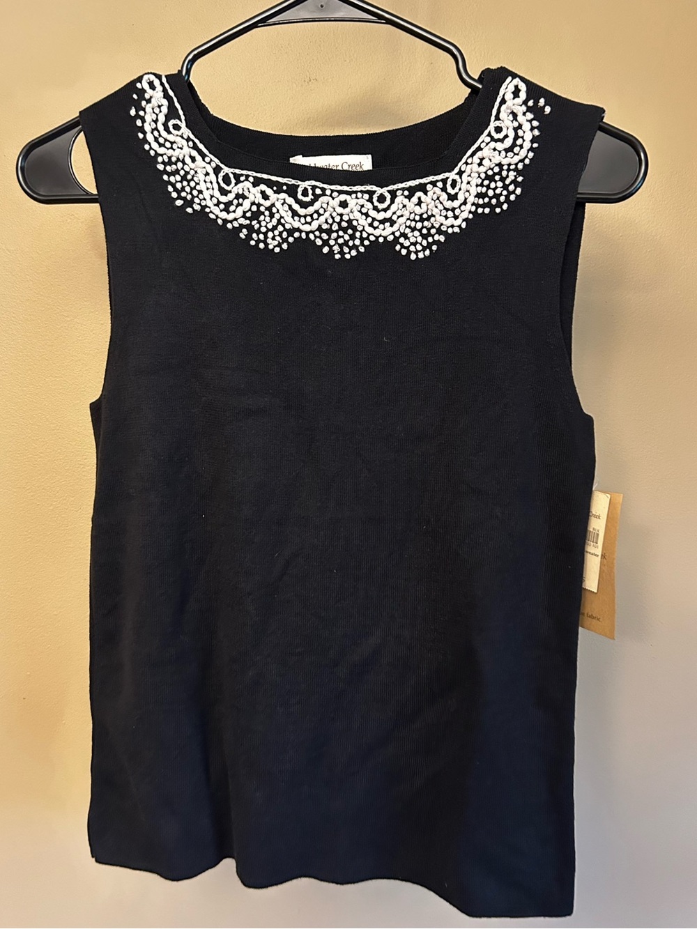 Coldwater Creek Black Knit Sleeveless Tank with White Embroidered Neckline Small